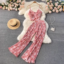 

Women Casual Pant Sets Strappy Satin Top Camis Tanks+ Pleated Flare High Wasit Pant Female Summer Vacation Boho 2 Piece Pant Set