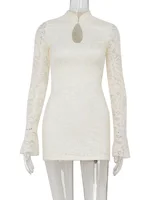 Ahagaga Sexy dentelle femmes Mini robes solide pure évider col roulé manches longues évasées gaine moulante Streetwear robes 6