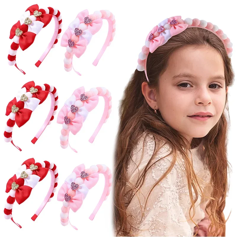 ncmama New Fur Ball Hairband For Baby Girls Glitter Love Heart Headbands Kids Bow Hair Hoop Headwear Boutique Hair Accessories