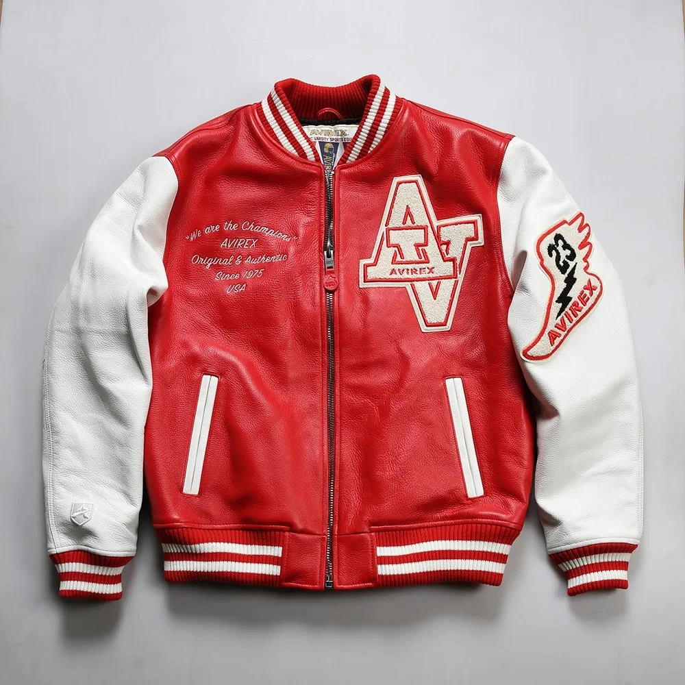 Men's Real Leather Jacket with Embroidery Thicken Cowhide Leather Leather Classic Baseball Outfits Coat