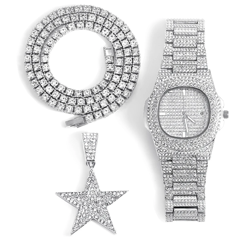 

Женские часы в стиле хип-хоп, подвеска на цепочке, подвески для ювелирных изделий, ожерелье с пятиконечной звездой, вечерние часы Серебряного и золотого цвета, мужская мода