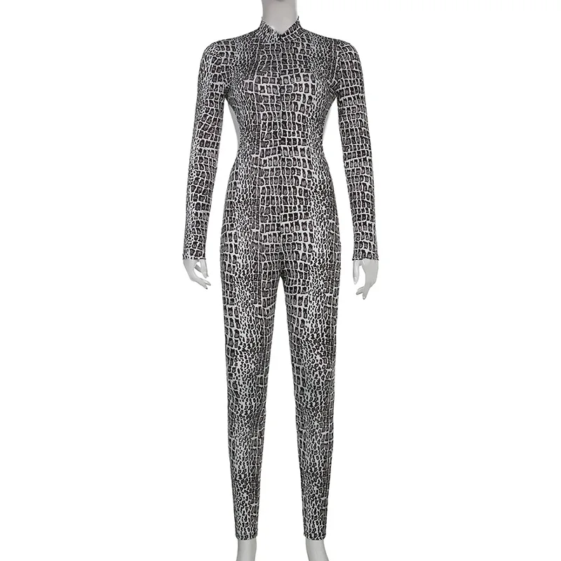 Krismile Snakeskin Printed Backless Zipper Jumpsuits One Piece  Bodysuits Long Sleeve V-Neck Sexy Jumpsuit Clubwear For Women
