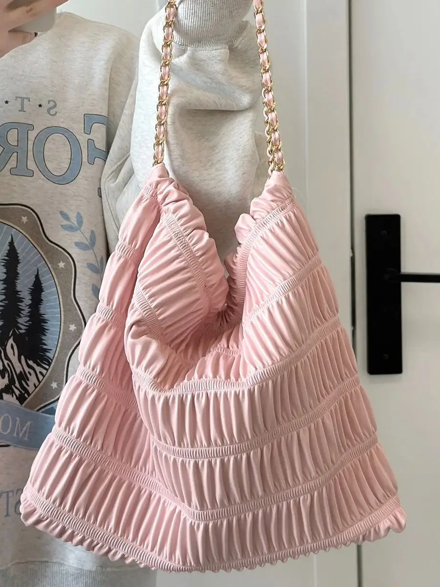 New Fashionable Canvas Pleated Bucket Shaped Women's Bag With Large Capacity Shopping Bag Casual And Simple Fashion Shoulder Bag