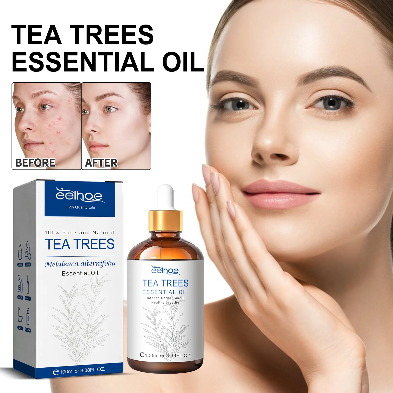 Eelhoe Essential Tea Tree Oil Tea Tree Essence Deep Moisturizing Facial Body Skin Soft Hair Care Multi-Effect Essential Oil