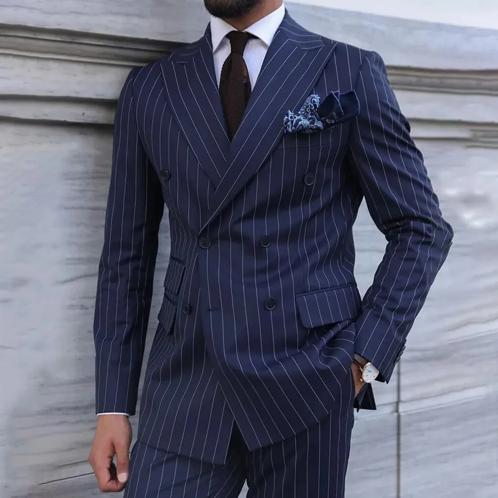 

Fashion Male Suit Striped Navy Blue 2-Piece Set Gentleman Peak Lapel Wedding Groom Double Breasted Casual Tuxedo Blazer Pants