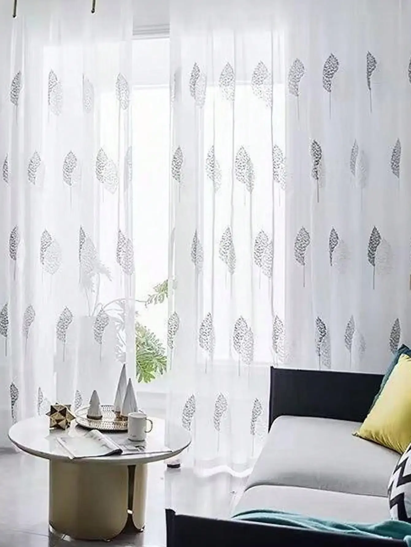 1PC Nordic Style Simple Modern Small Tree Embroidery Small Fresh Embroidery Floor-to-ceiling Window Screen Curtain