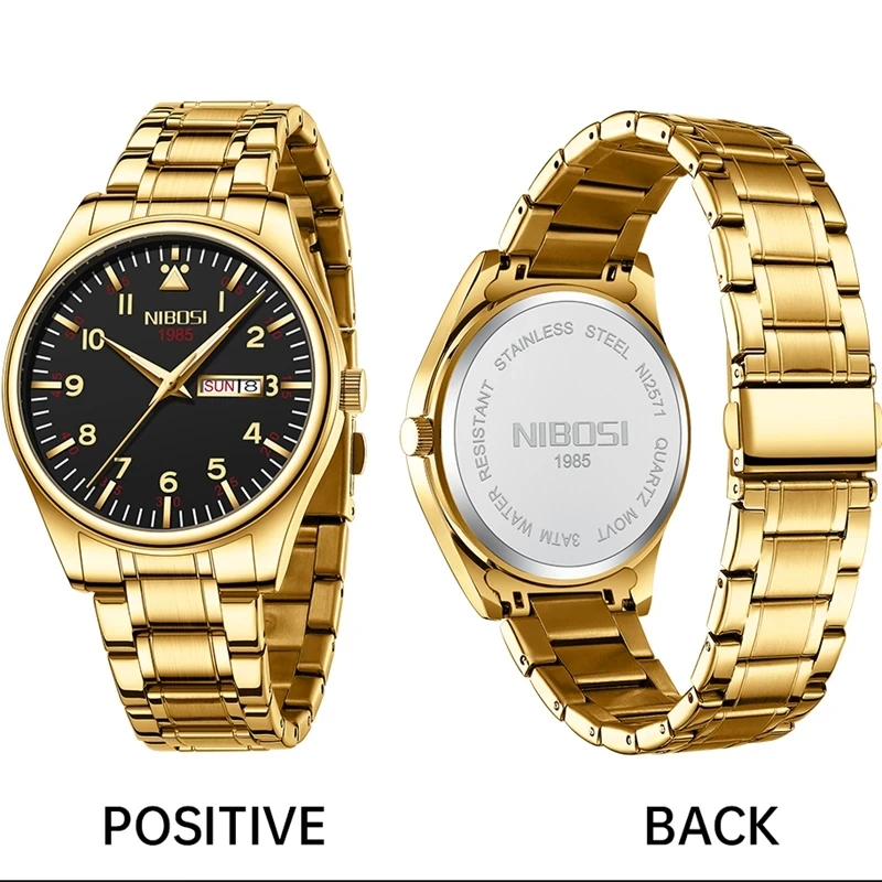 NIBOSI Luxury Gold Watch Men Fashion Luminous Waterproof Stainless Steel Quartz Male Wristwatch Date Week Relogio Masculino