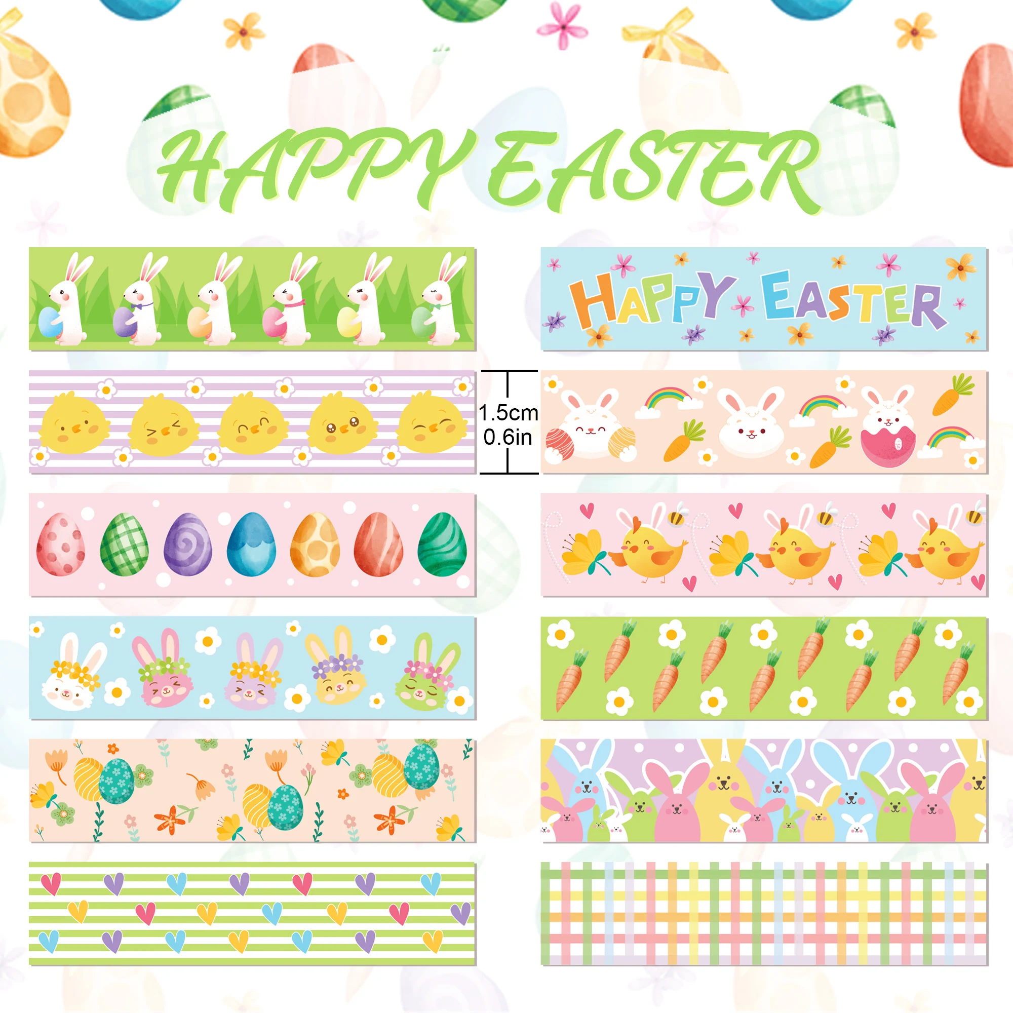 12 롤 부활절 날 토끼 계란 패턴 마스킹 테이프 DIY 핸드북 재료 스티커 Washi 테이프 Scrapbooking 생일 선물 용품