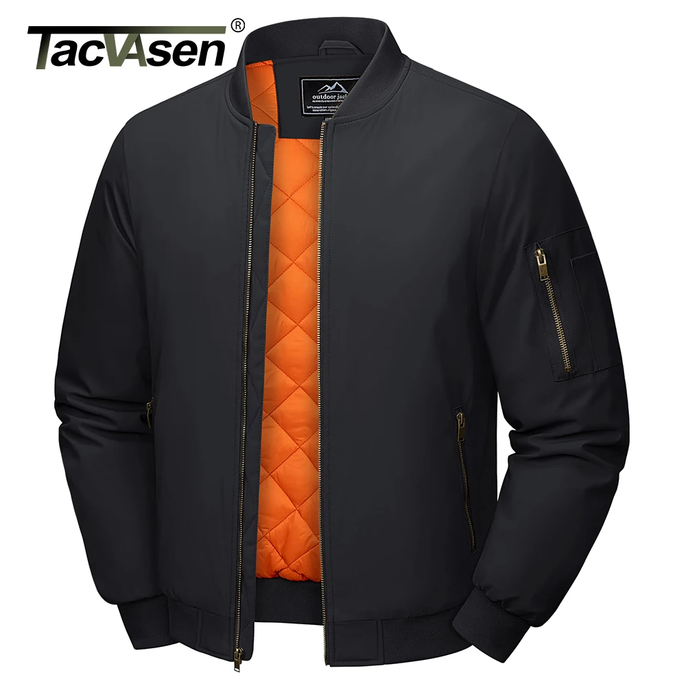 Men's Classic Bomber Jacket Autumn Thick Warm Orange Lining Full Zip Up Windproof Casual Padded Flight Pilot Jackets