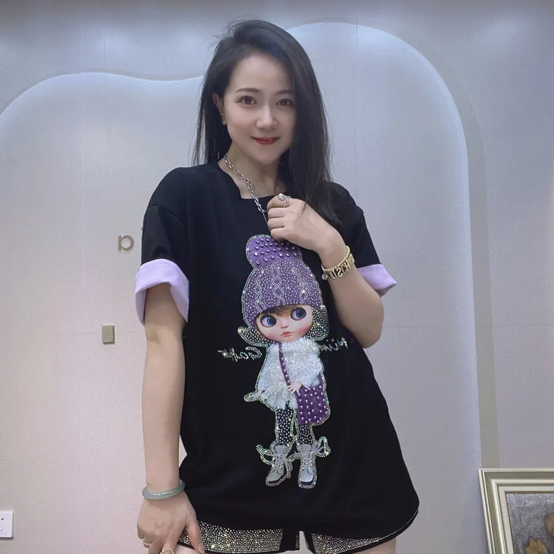 

Hot Drilling Short Sleeve Knitted Top Womens 2023 Summer New Cartoon Printed Bead High Elastic Casual Round Neck T-shirts Female