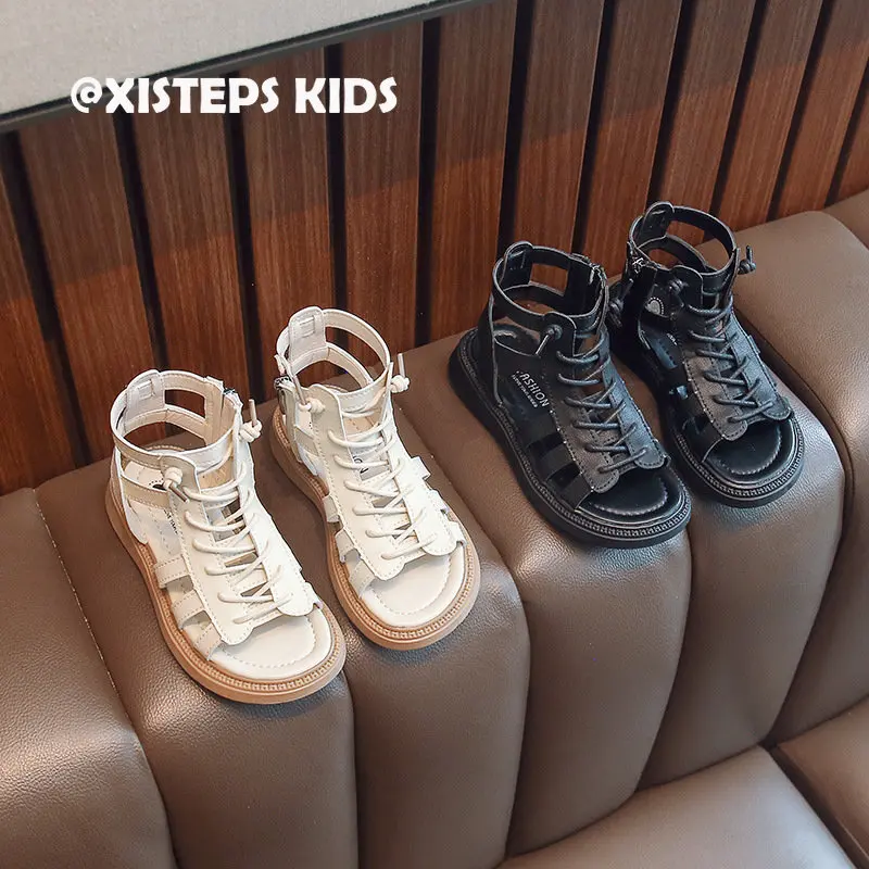 XISTEPS Laceup Gladiator Sandals for Children Girls White Black Fashion Kids Sandals Girls 2023