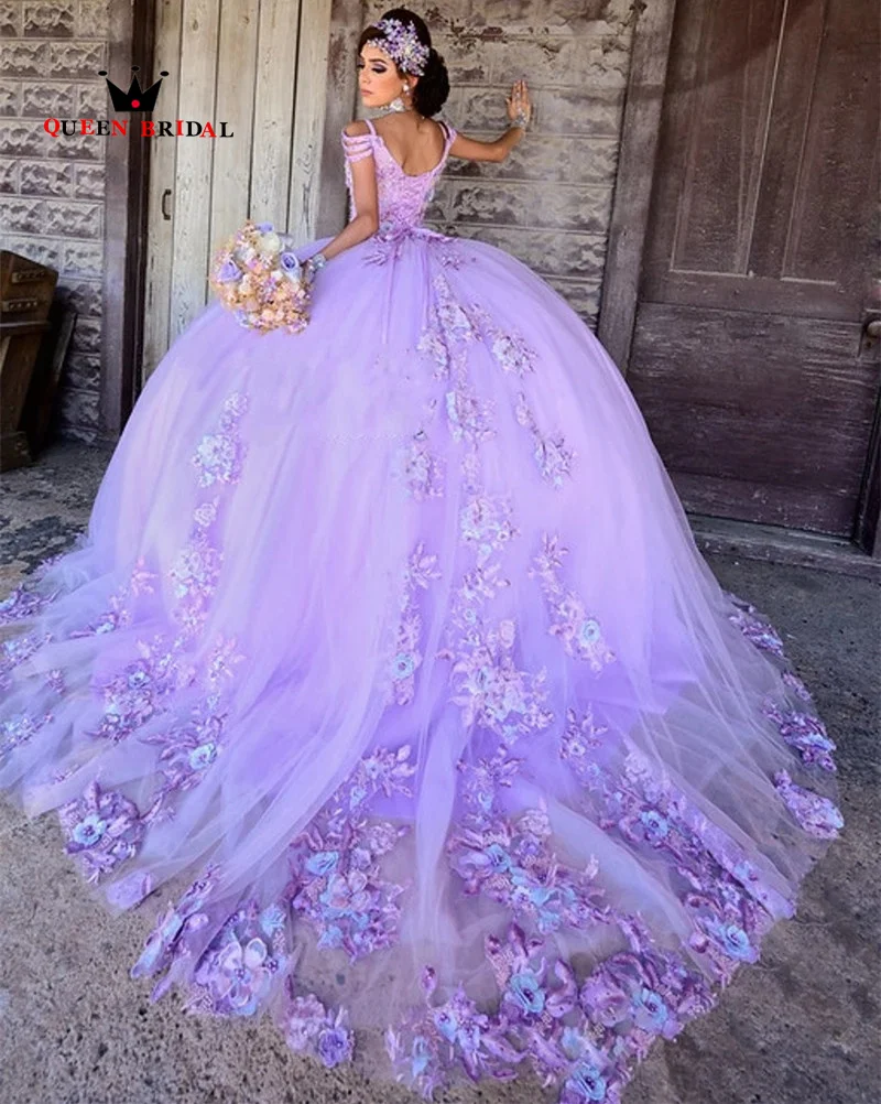 

luxury Light Purple Quinceanera Dresses Spaghetti Strap Lace Applqiues Ball Gown Sweet 16 Court Train Vestidos De 15 VF05