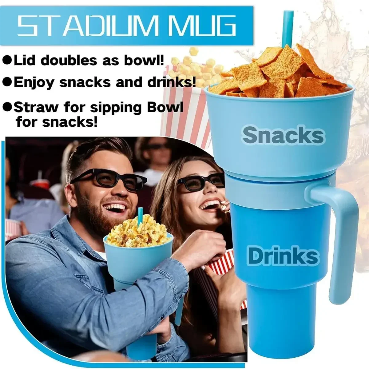 Snack Bowl Drink Cup Stadium Tumbler Popcorn Drink Cola Cup 2 In 1 Snackies Cup Portable Splash Snack Bowl Chicken Storage Bowl with Handle Straw