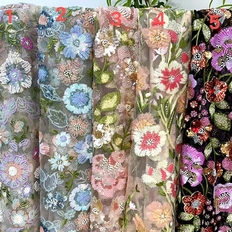 1 Yard Blumenperlen Stickerei Stoff Spitze Tüll Kleid Hochzeitskleid Stoff DIY Nähen Hochzeitskleid Kleidung Blumenstoff – Detail 7