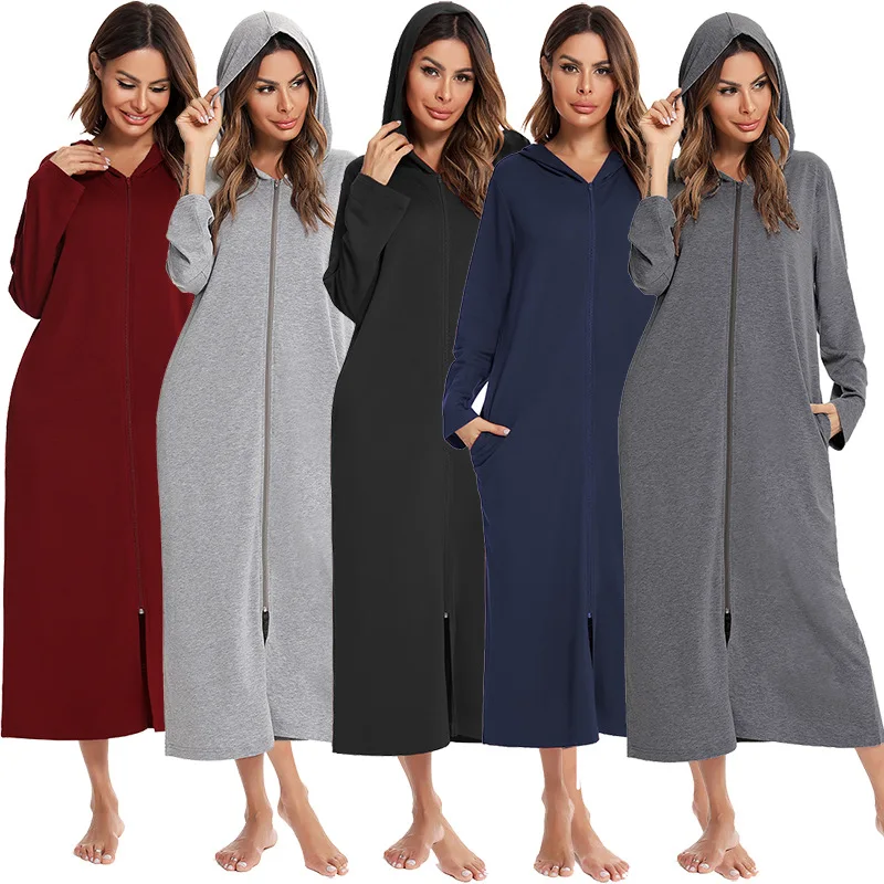 Long Bathrobe Women Hooded Long Sleeve Spring Ladies Dressing Gown Zipper Oversize Autumn Robe Solid Sleepwear For Female