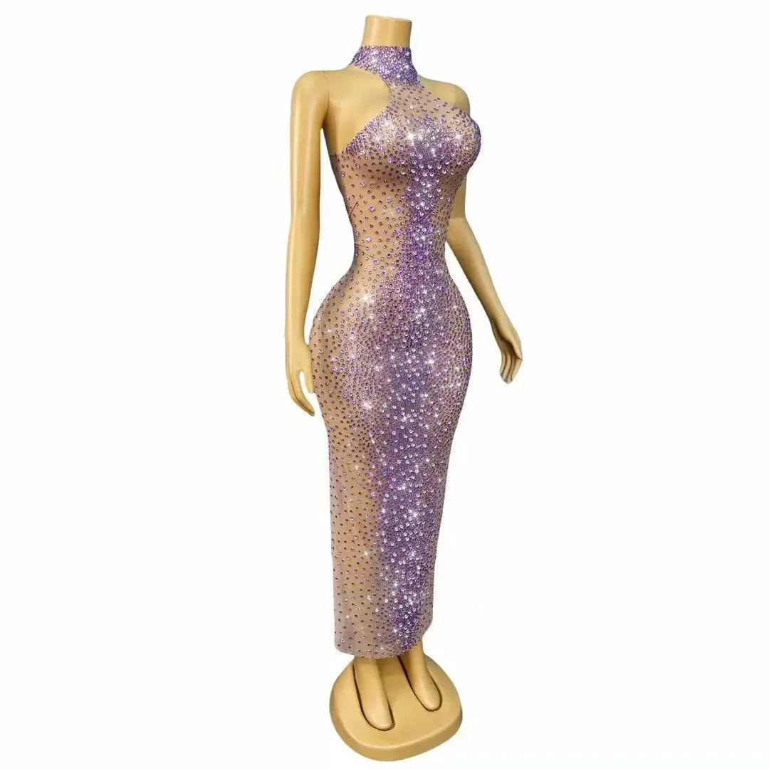Sparkly Rhinestones Long Dress Sexy Mesh Transparent Celebrate Evening  Wedding Prom Birthday Dress Photo Shoot Wear - AliExpress 200000532