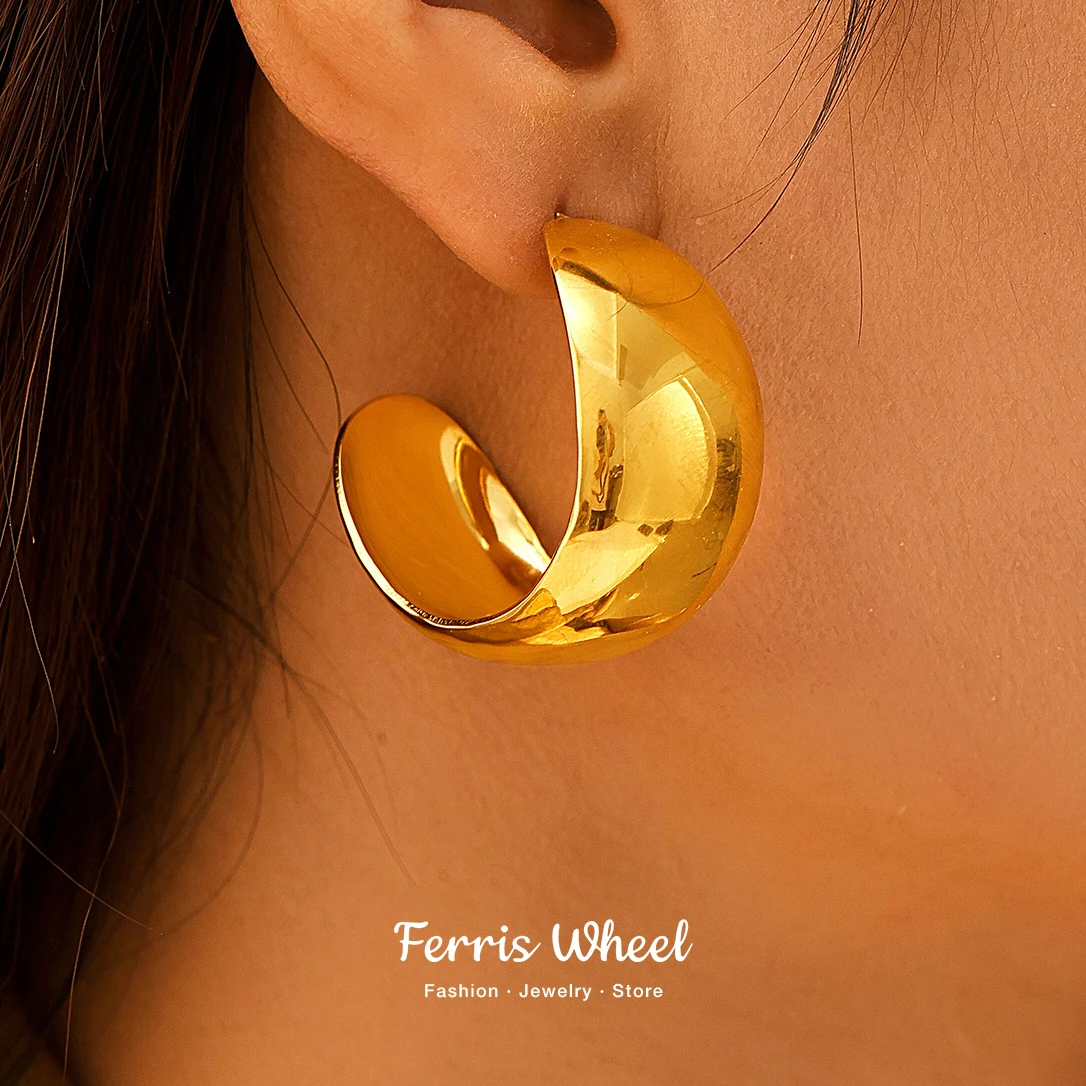 Helle Edelstahl-Ohrringe für Damen, wasserdicht, 18 Karat vergoldet, C-Form, OL, luxuriöser, klobiger Ohrstecker, Schmuck, Geschenk