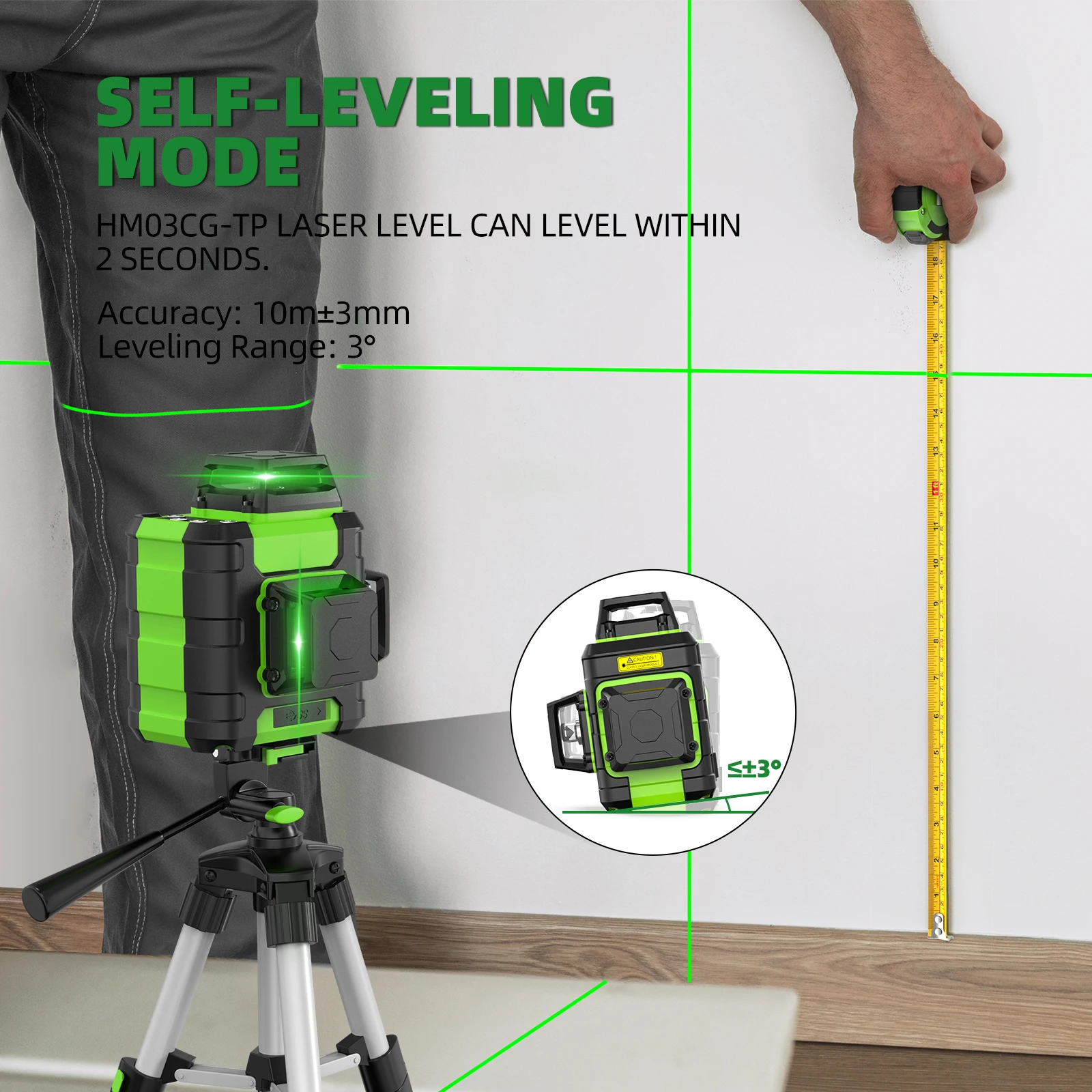 Huepar 12 Lines Laser Level 360 3D Cross Line Laser Three Plane Self-leveling Alignment Laser Tool with Pulse Mode Greem Beem