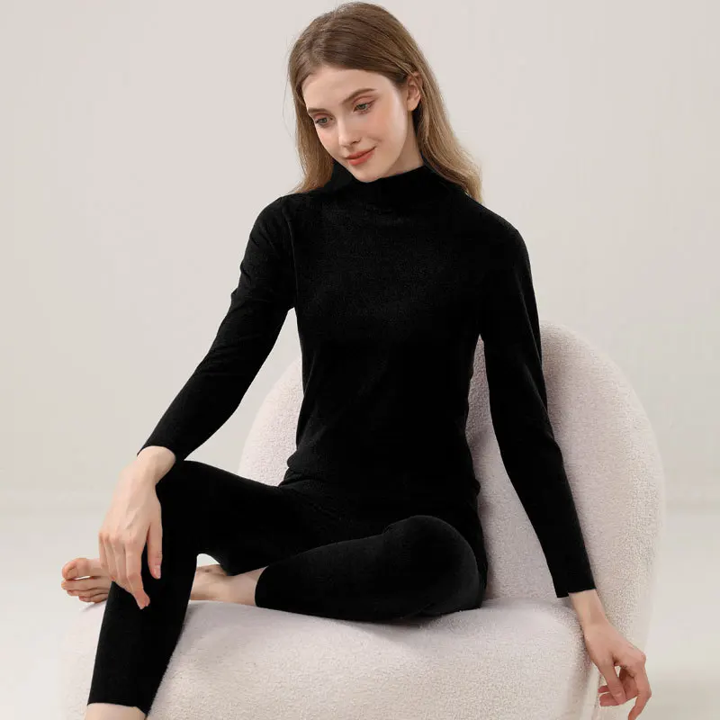 Super Warm Dralon Thermal Underwear set for Women Fleeced Thicken Solid Long Johns Sets Middle-neck Underwear Set for FW25