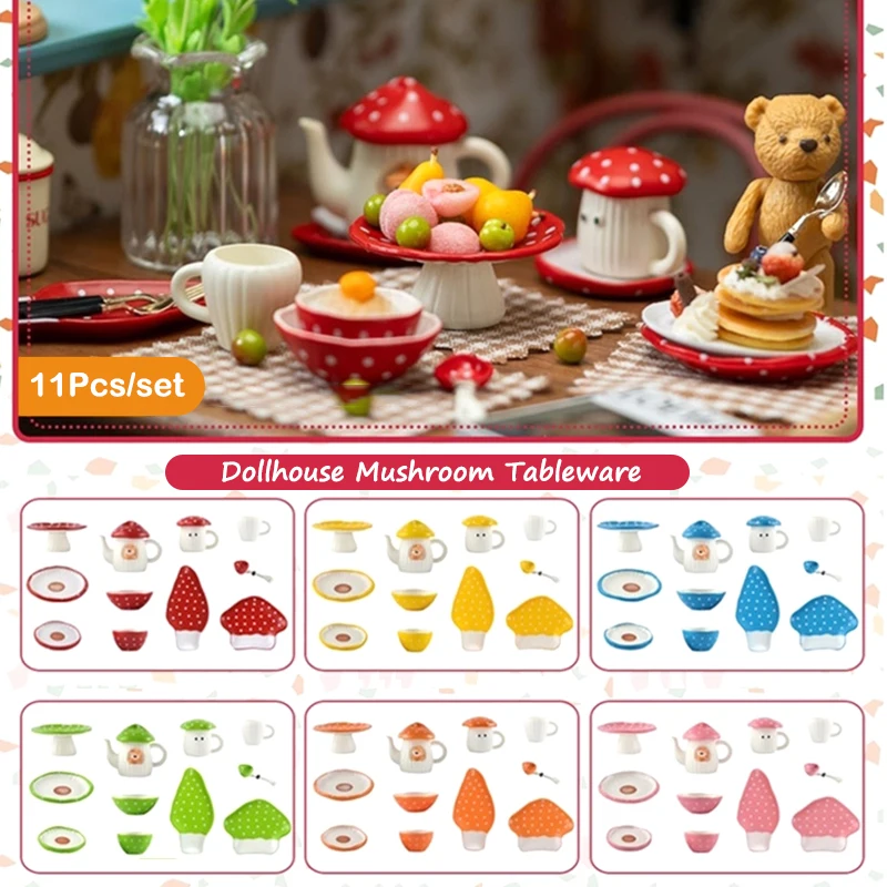 

Миниатюрная кухонная посуда в виде грибов для кукольного домика, 11 шт., 1:6, мини-тарелки с имитацией грибов, ложка, лоток, чайник, модель, Детские декоративные игрушки