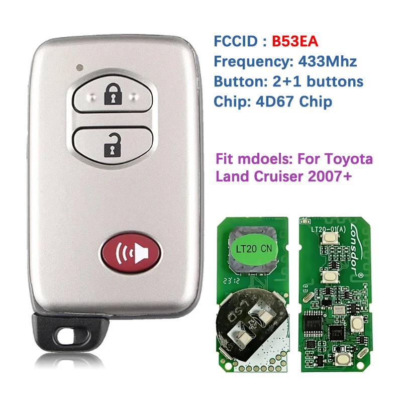 

CN007176 Aftemarket 3 Button Smart Key For Toyota Land Cruiser 2007+ Remote B53EA P1 D4 4D-67 Chip 433MHz 89904-60220 Keyless Go