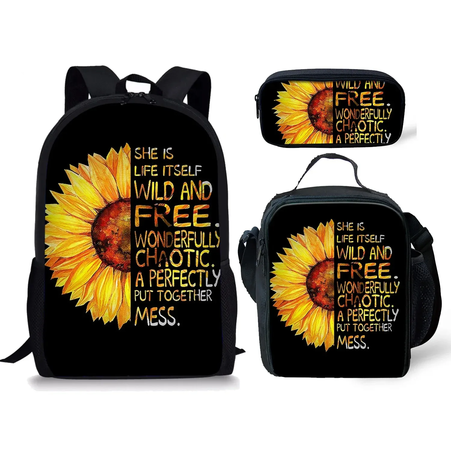 Harajuku, 3pcs/set, with sunflower 3d printing, for student, laptop, backpack, lunch box, case