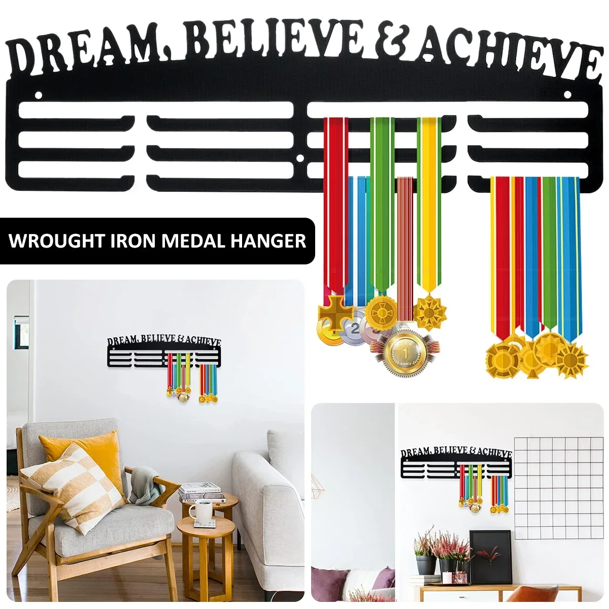 Medal Holder Display Hanger Personalized Medal Wall Hanger for Sport Race Runner Sturdy Black Steel Metal Easy to Install 3
