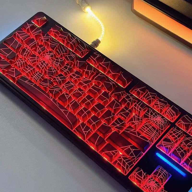 Capuchons de touches translucides gravés sur le côté, ligne d'araignée noire, capuchons de touches cerise, clavier mécanique de jeu, personnalité, capuchons de touches personnalisés - AliExpress