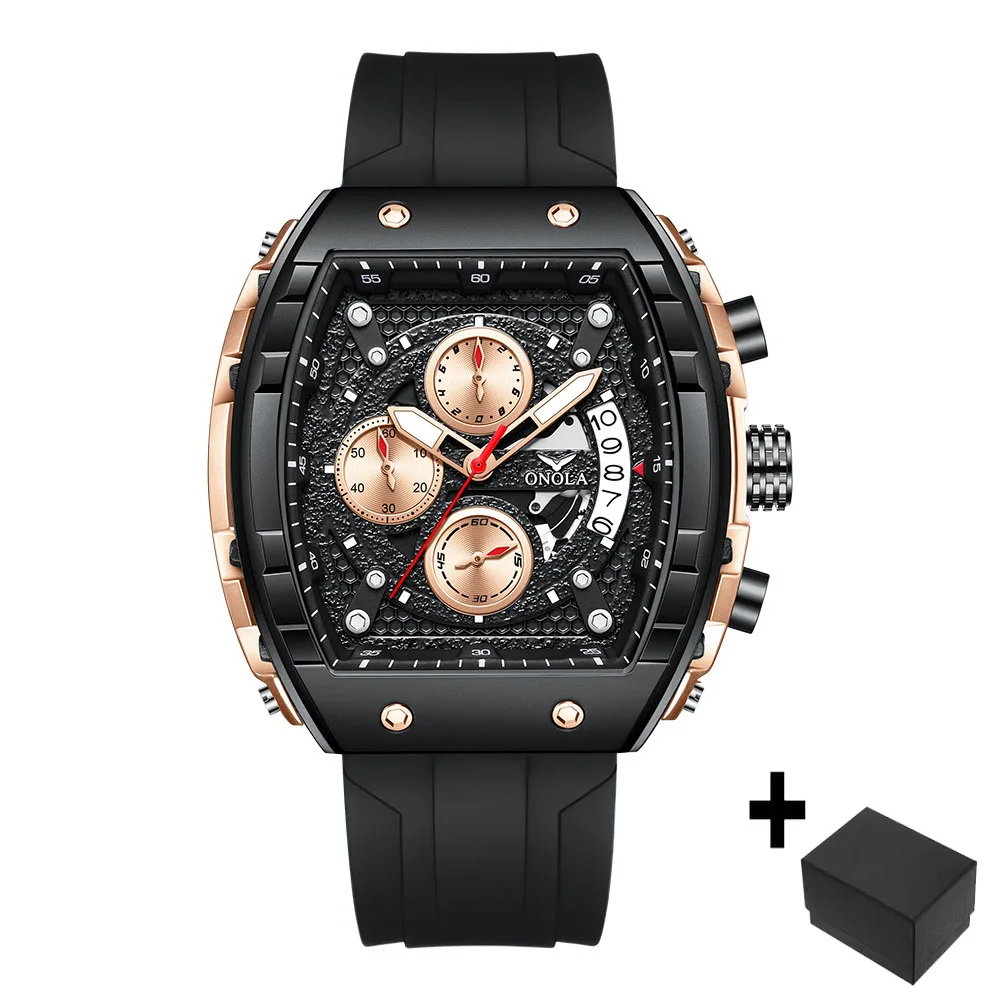 

Fashion Cool Black Watch for Mens Brand ONOLA Sports Silicone Strap Quartz Wristwatch Male Luxury Waterproof Tonneau Clock Reloj