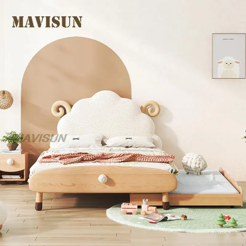 

Lamb Drag Bed Solid Wood Children's Bed Net Celebrity Princess Bed Girl Boy Girl Telescopic Cloud Bed Pull Furniture Bedroom