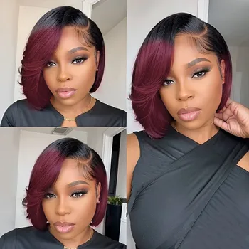 pixie wig short straight wig brown burgundy color Black Friday Halloween 13x4 frontal lace pixie cut human hair wig for women 1