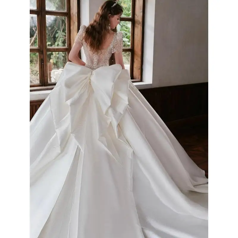 Satin Main Wedding Dress Bride Embroidery One Shoulder And Half Sleeves Outdoor Yarn Retro Heavy Industry Tail Customized