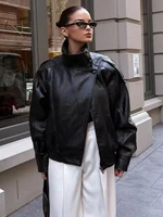 TFMLN 2025 Women Faux Leather Loose Jacket High Street Stand Collar Long Sleeve Coat Fashion Causal Zipper Outwear Autumn Winter