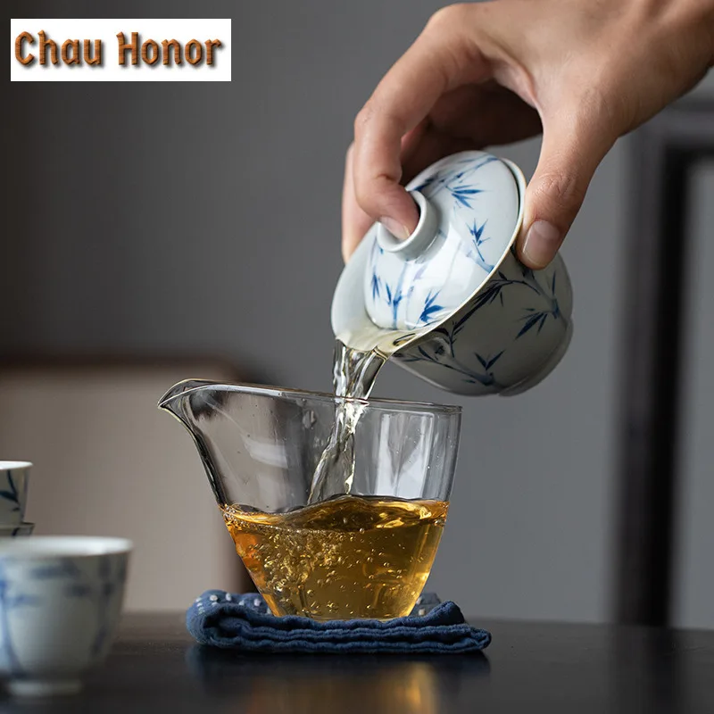 125ml Boutique Pure Hand-painted Green Bamboo Art Tea Tureen Small Hand Grasping Bowl With Cover Kung Fu Tea Maker Zen Gaiwan