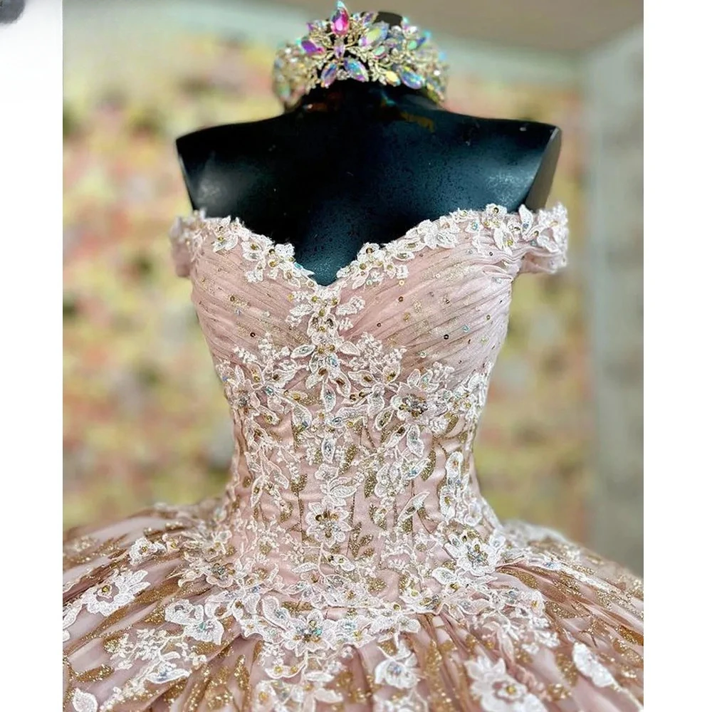 Růžová nášivky kněžna quinceañera šaty lesklý bál talár nevěsta róba v-neck floor-length svatební šaty vestidos de novia