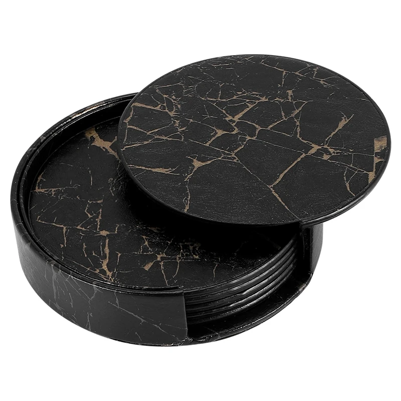 Retail 6PCS PU Leather Marble Coaster Drink Coffee Cup Mat Easy To Clean Placemats Round Tea Pad Table Pad Holder