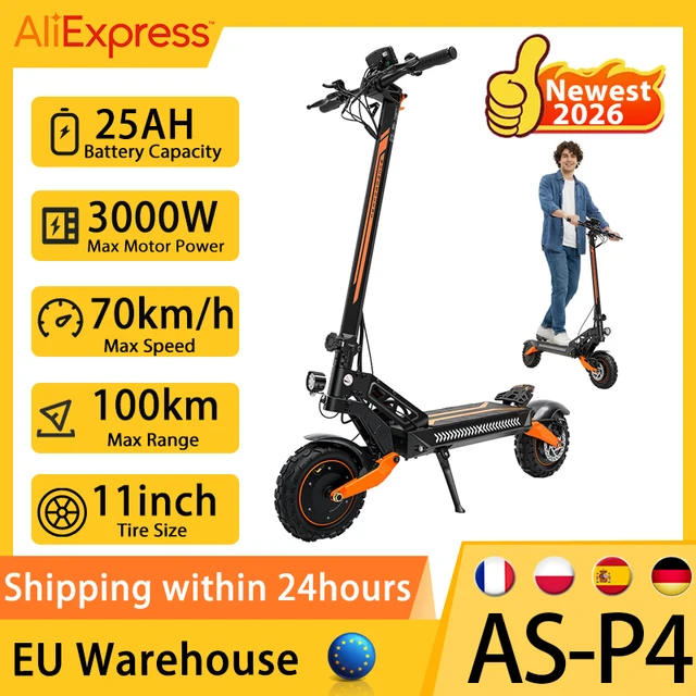 Trottinette électrique tout-terrain AS-P4 11 pouces à double motorisation 3000W 25Ah, autonomie maximale 100 km, vitesse maximale 70 km/h, pliable 1
