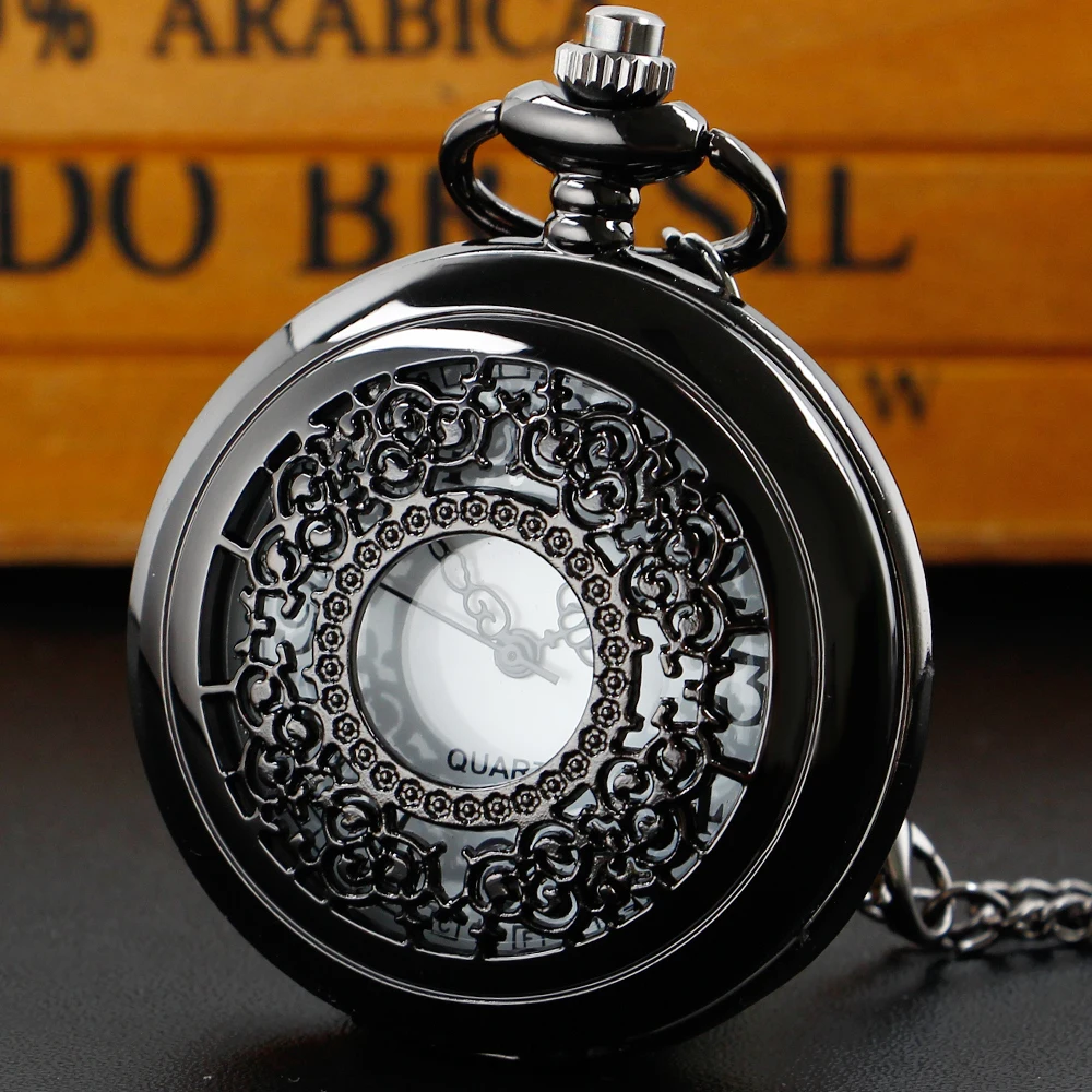 

High Quality Fashion Black Quartz Pocket Watches For Men Women White Dial Pockets Watch Gift