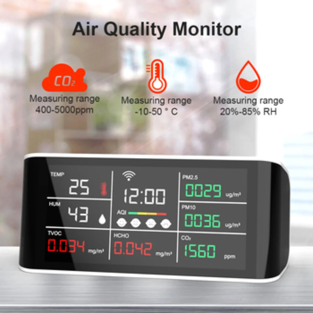

Tu ya 9in1 WiFi CO2 Detector Multifunctional Thermohygrometer Air Detector Air Quality Analyzer Household Air Pollution Monitor