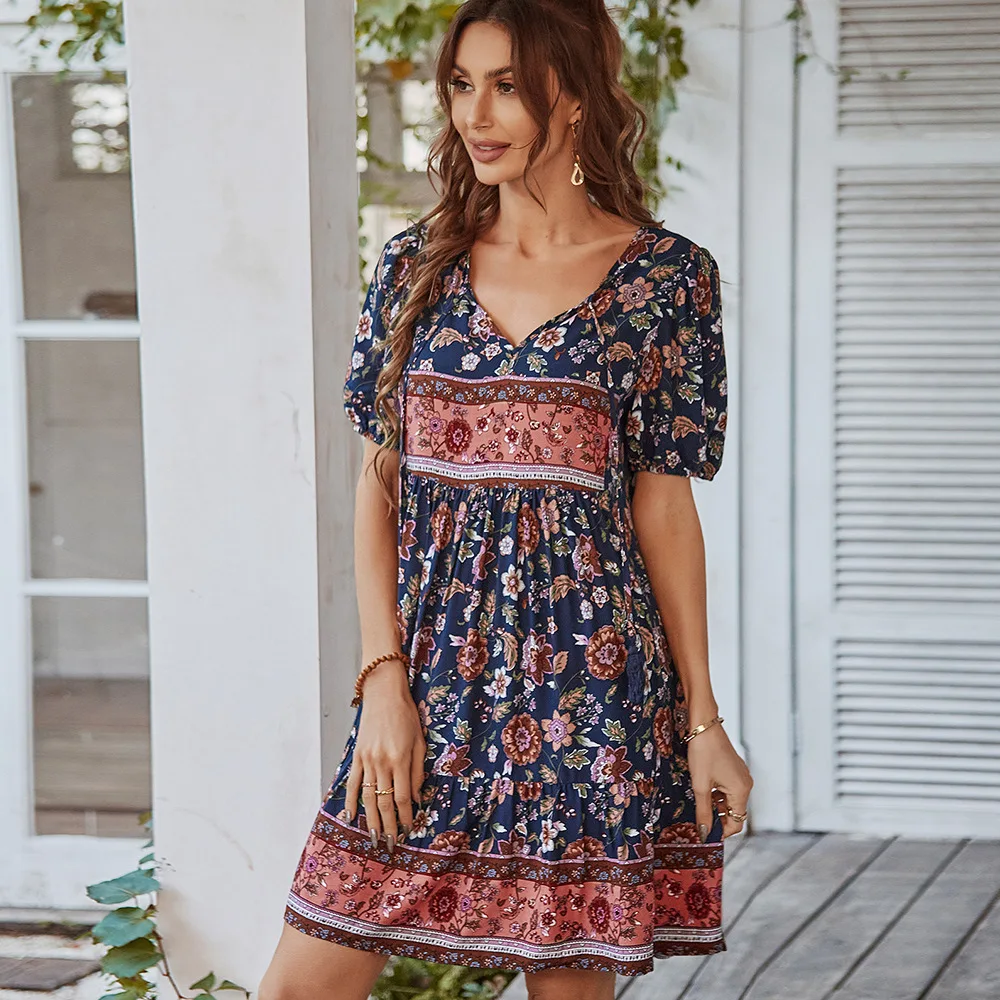 

ELIJOIN2023 Summer V-neck Fringed Bohemian Holiday Style Dress Casual Printed Short Skirt