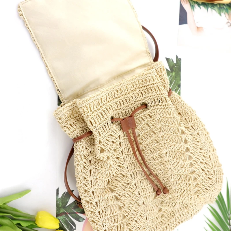 Elegant Women Bag Flap Top Handle Handbag Backpack Double Shoulder Straw Bag Woven Bag for Summer Theme Party