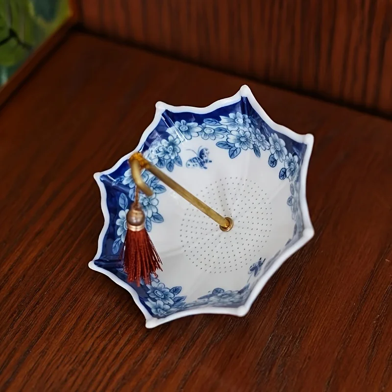 Elegant Blue and White Floral Ceramic Tea Strainer with Tassel - Decorative Umbrella-Shaped Tea Leaf Filter