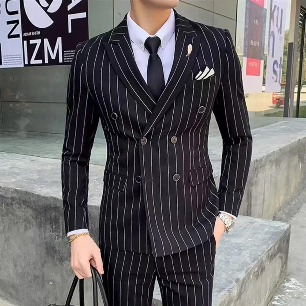 Formal Men's Striped Suit Two-Piece Blazer Vest Pants Set Slim Fit Classic Tuxedo Set for Wedding Party Business