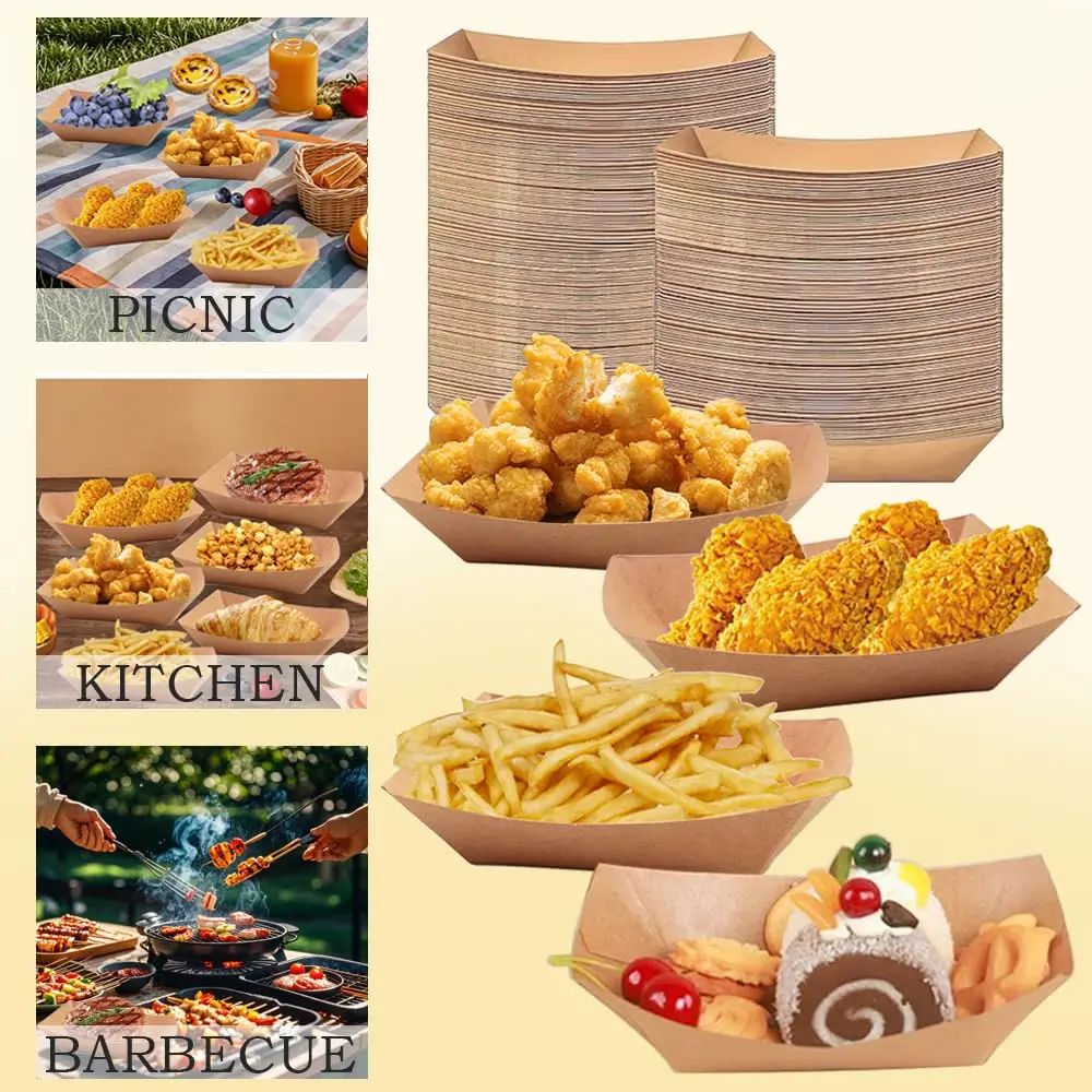 Disposable Containers Disposable Lunch Box 30/50/100Pcs Kraft Paper Boat Shaped Plates Disposable Salad Dessert Pine Cake Snack Bowls Food Tray for Kitchen Party Tableware