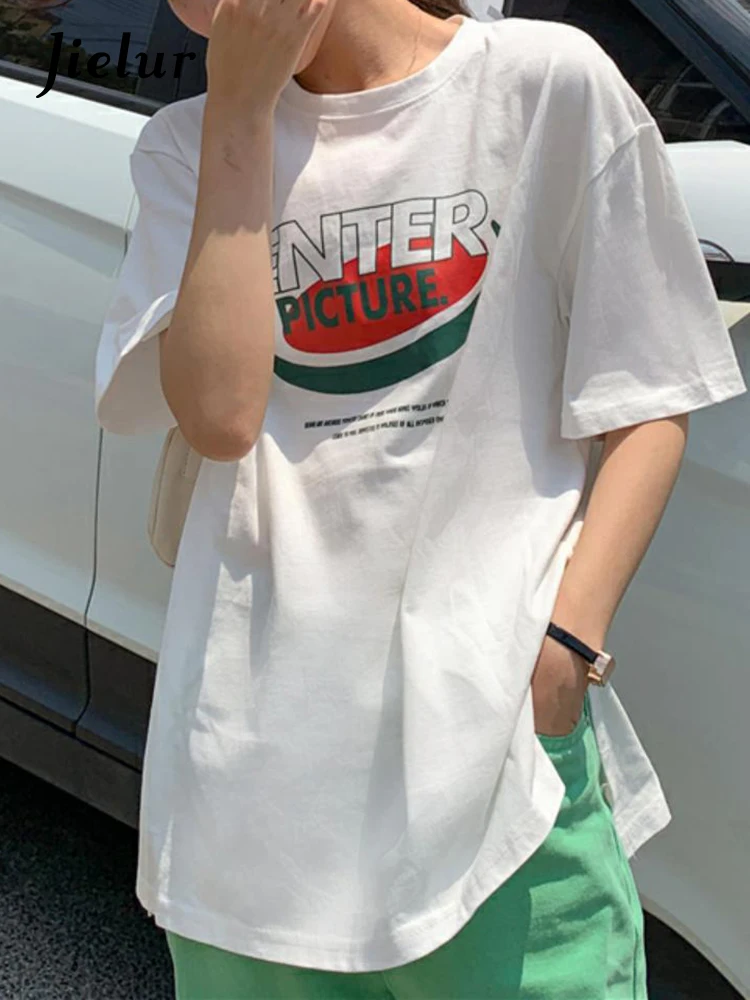 

Jielur Футболка женская белая с буквенным принтом топ в Корейском стиле Харадзюку для студенток Свободная Повседневная рубашка с разрезом и коротким рукавом Женская