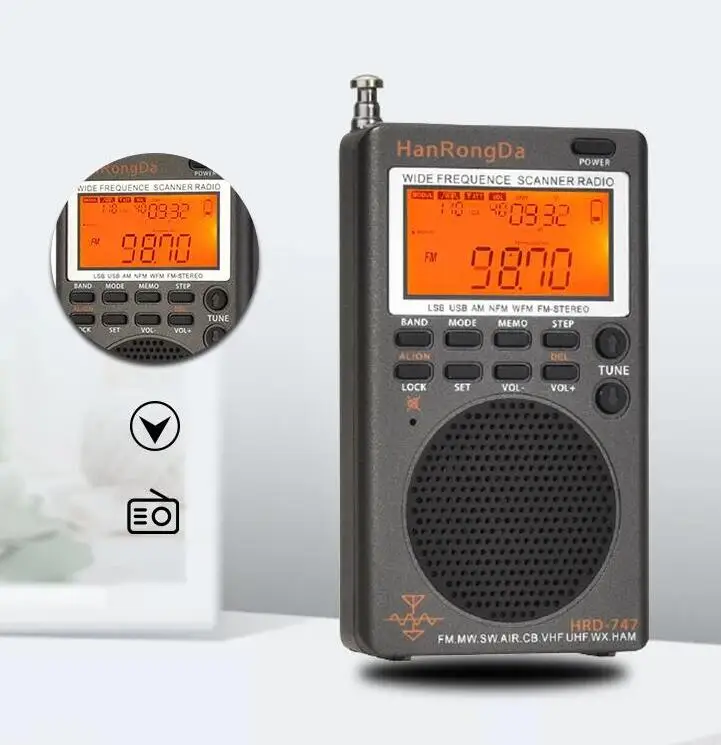 HanRongDa HRD-747 ޴ Ǯ  ̴  ű, ׷  ű, FM, MW, SW, SSB, LSB, AIR, CB, VHF, UHF, UBD, WX