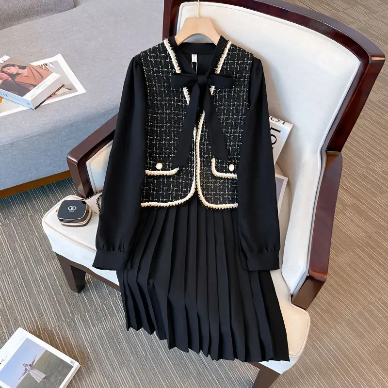 

Large Size Women's Clothing 2023 Spring New Slimming Tweed Vest Pleated Dress Two-Piece Set