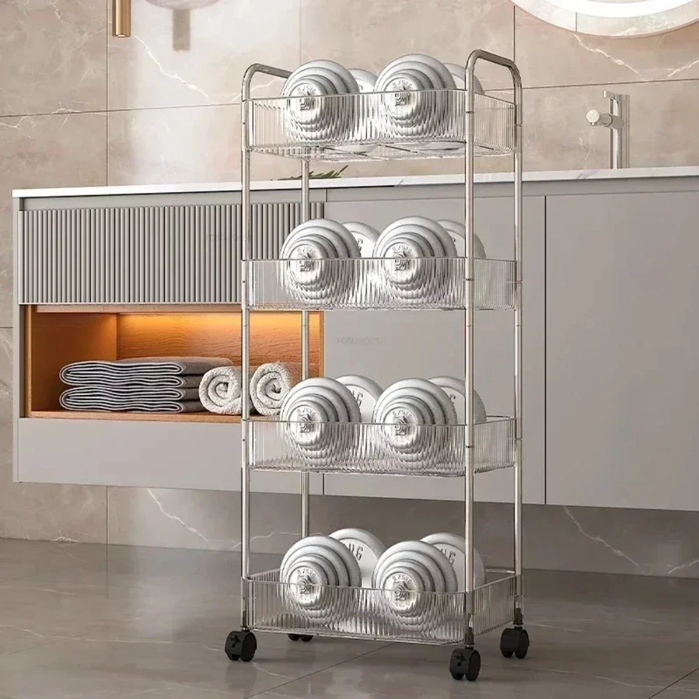 4 Tier Transparent Rolling Cart with Hanging Basket Mobile Kitchen Storage Racks Acrylic Bookshelf with Wheels Trolley Storage