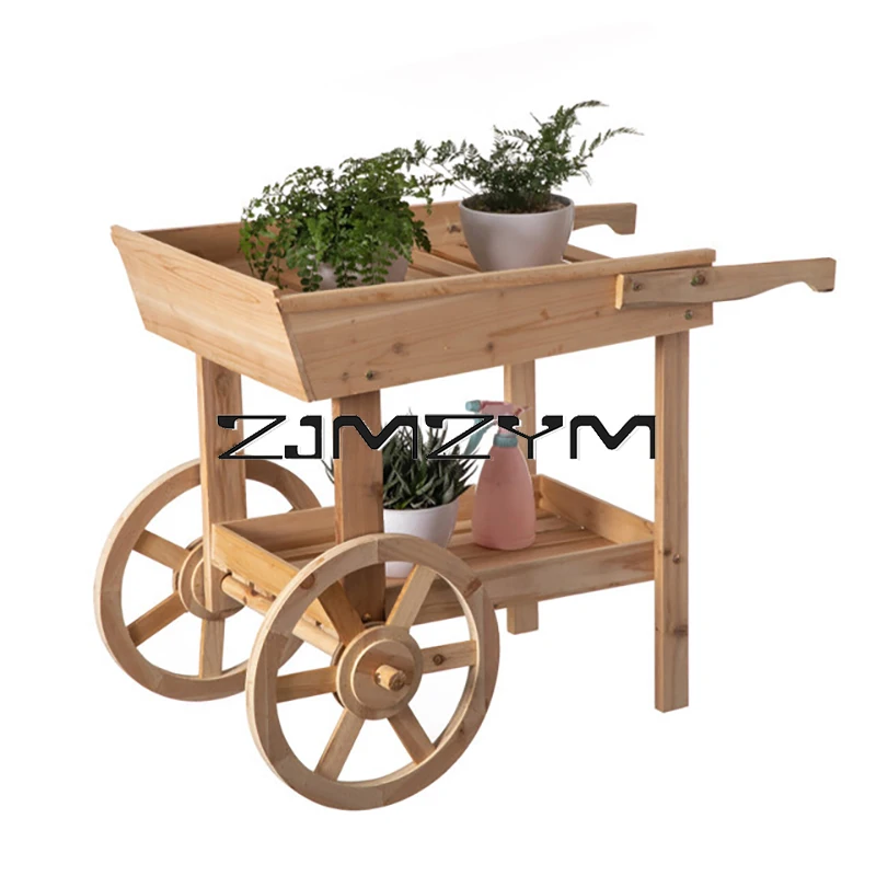 Solid Wood Flower Stand Storage Racks Float Flower Rack Shop Decoration Display Rack Multi-Functional Retro Cart