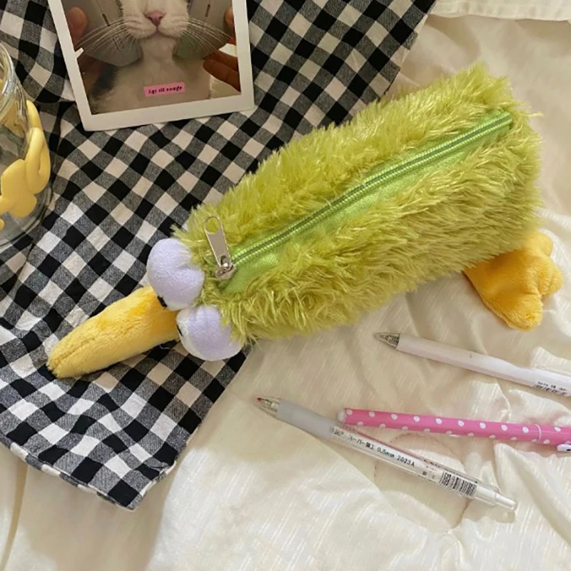귀여운 녹색 새 모양 플러시 파우치 필통 지퍼형 푹신한 대용량 키위 필통 학용품 보관 가방